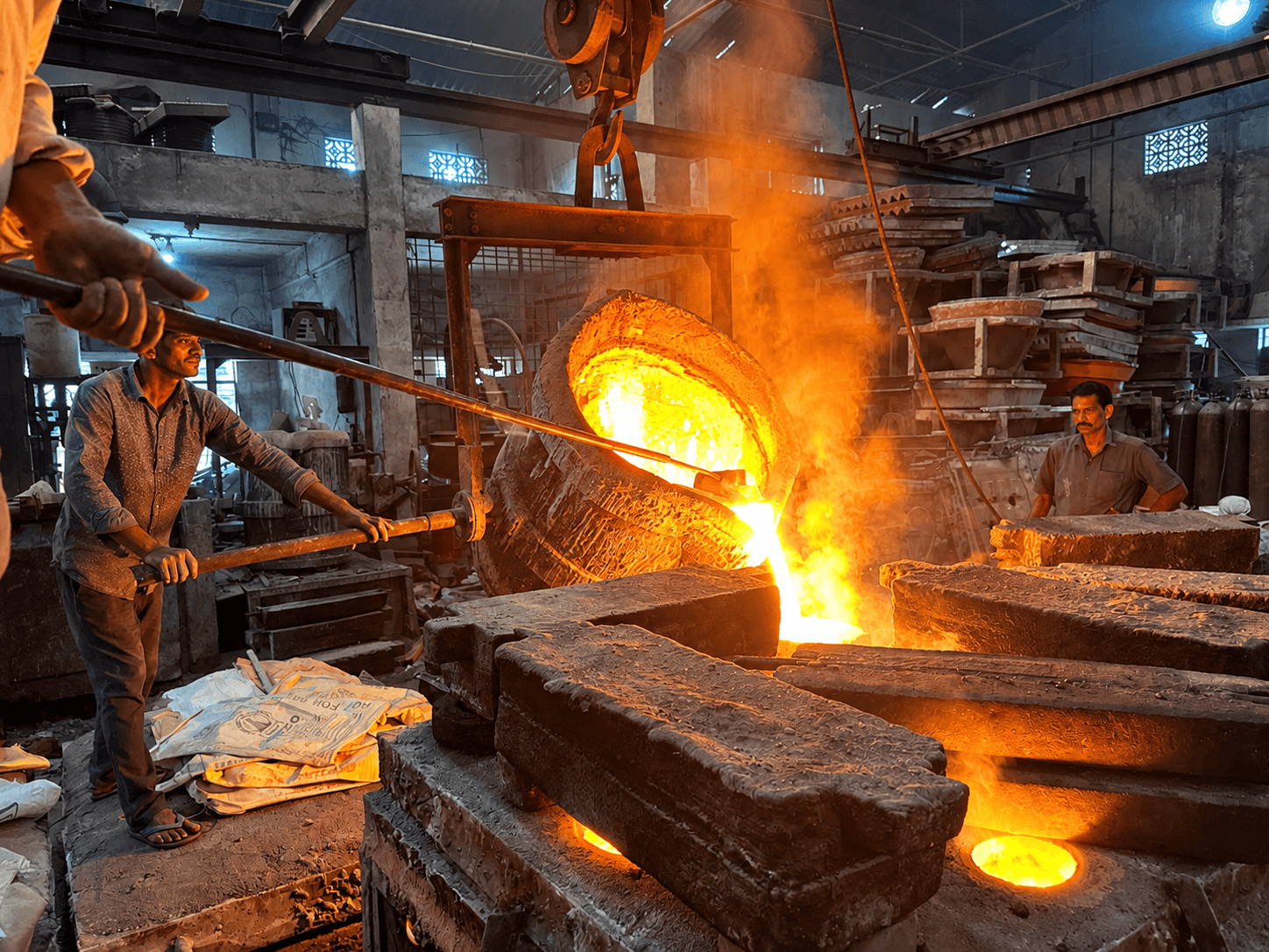 Foundry team pouring molten metal into casting moulds