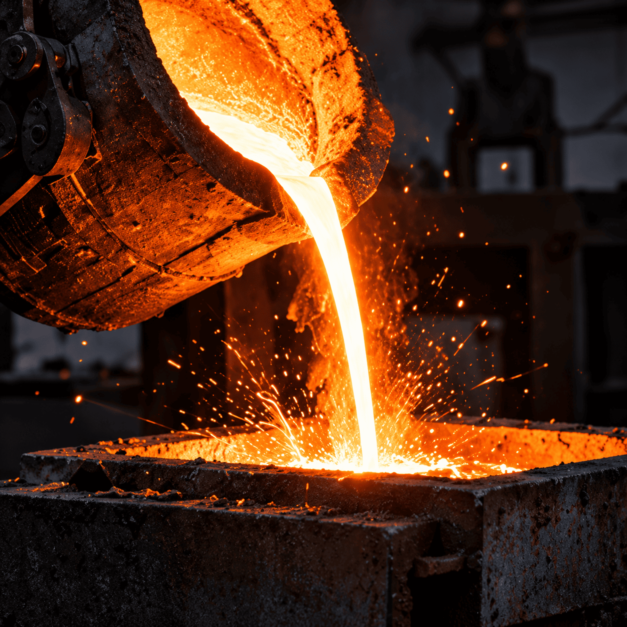 Molten metal being poured in a foundry